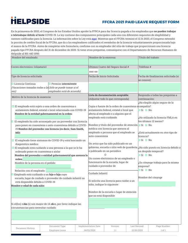 FFCRA 2021 PAID LEAVE REQUEST FORM screenshot