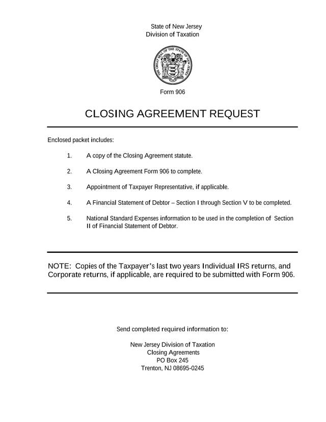 Form 906 Closing Agreement Request screenshot