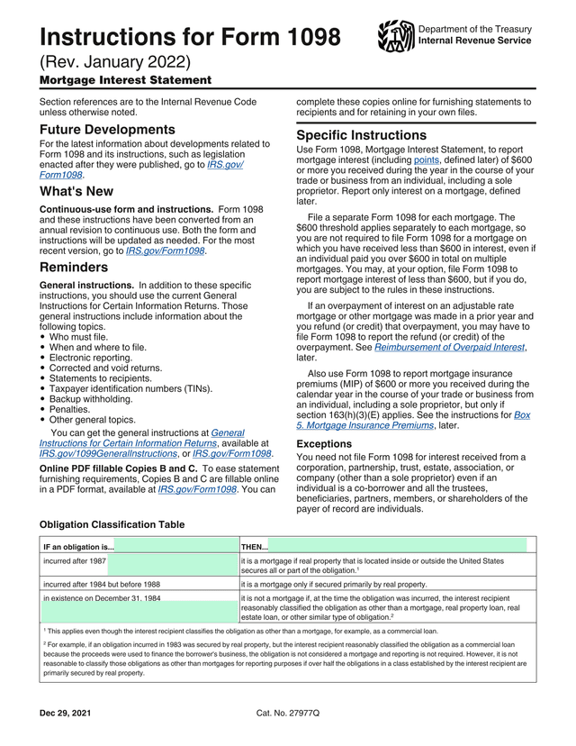 Form 1098 Instructions screenshot
