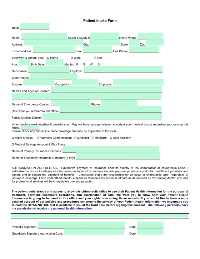 Patient Intake Form screenshot