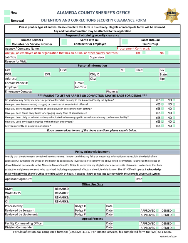 ALAMEDA COUNTY SHERIFFS OFFICE DETENTION AND CORRECTIONS SECURITY CLEARANCE FORM screenshot