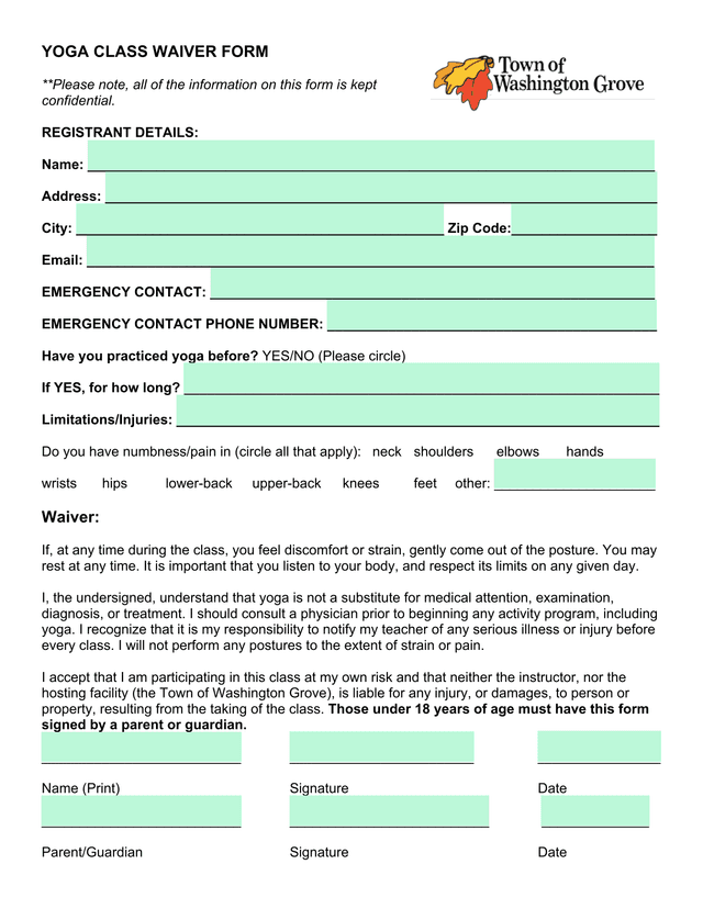 YOGA CLASS WAIVER FORM screenshot