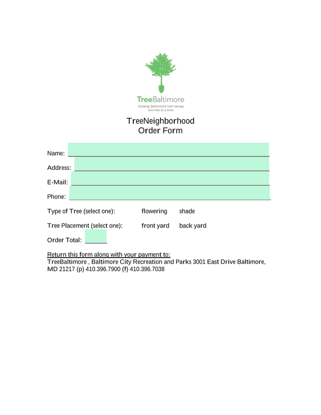 TreeNeighborhood Order Form screenshot