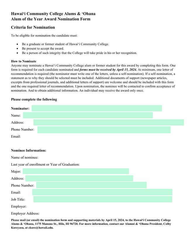 HawaiI Community College Alums  Ohana Alum Of The Year Award Nomination Form screenshot