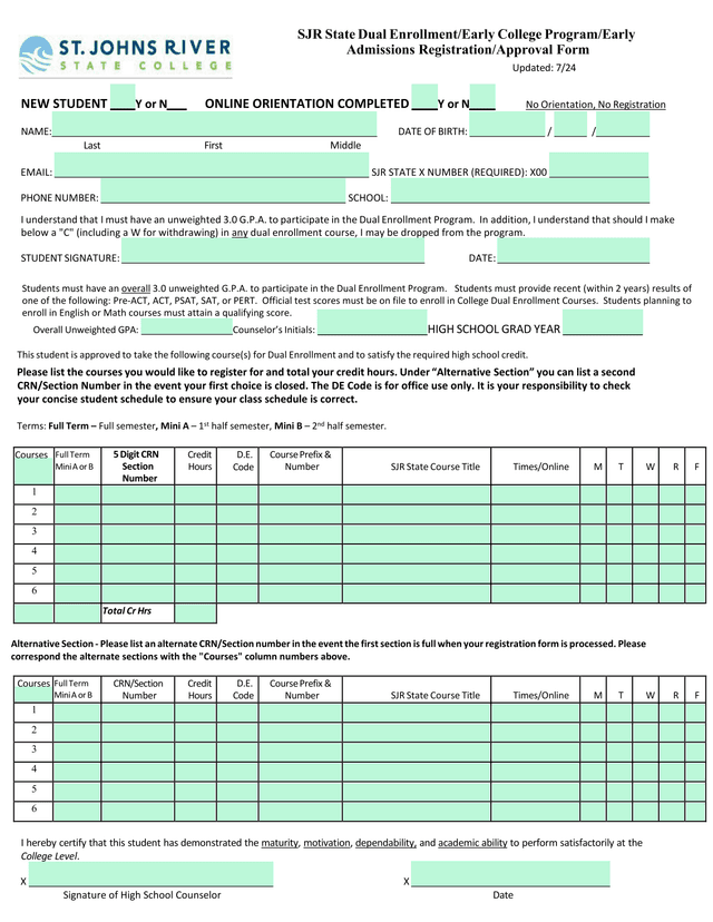 SJR State Dual EnrollmentEarly College ProgramEarly Admissions RegistrationApproval Form screenshot