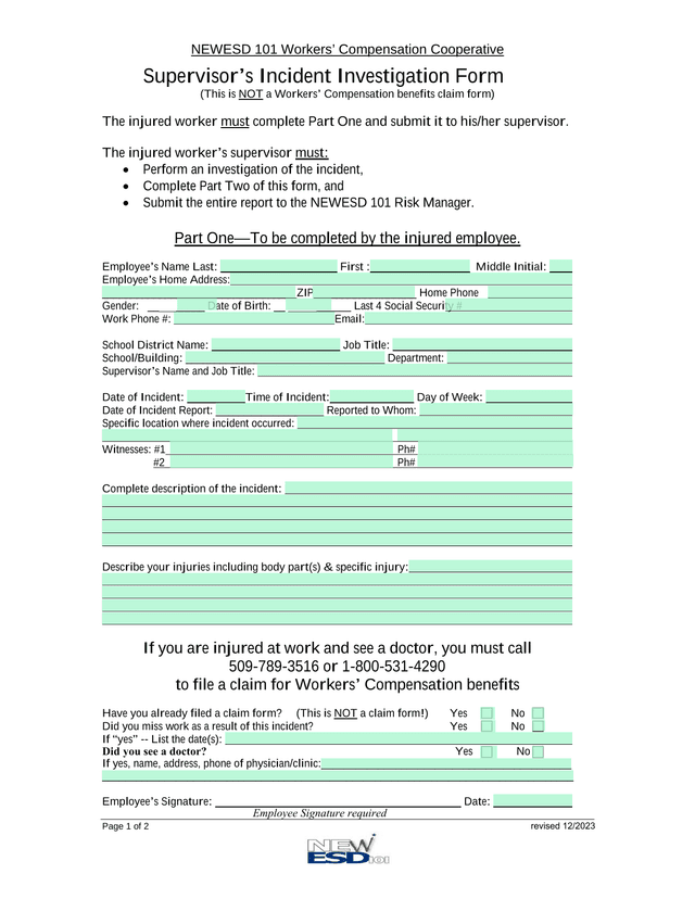 SupervisorS Incident Investigation Form screenshot