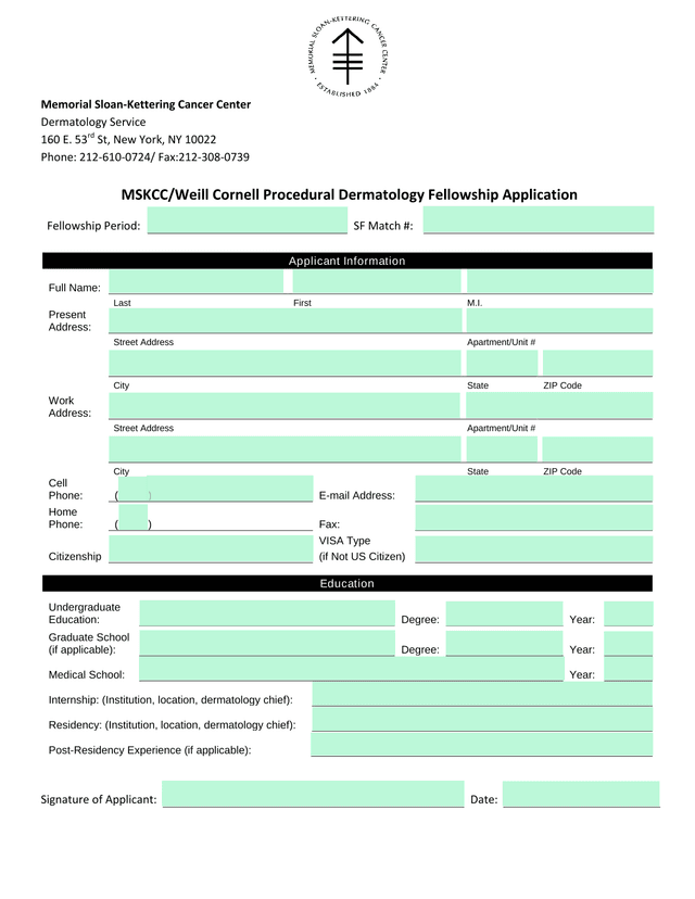MSKCCWeill Cornell Procedural Dermatology Fellowship Application screenshot