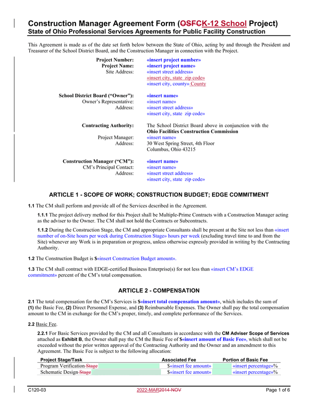 Construction Manager Agreement Form (OSFCK 12 School Project) screenshot