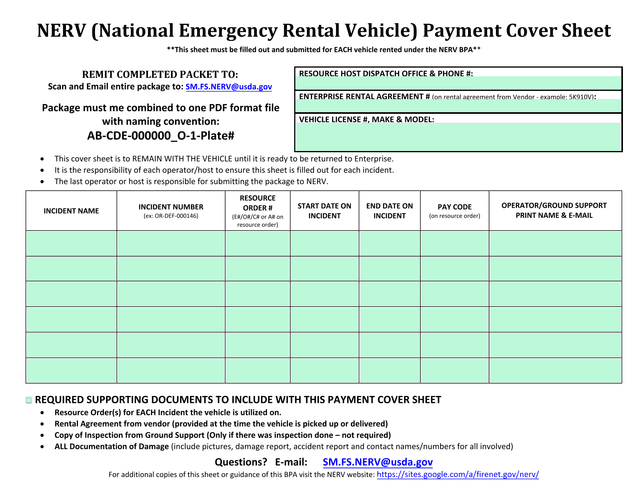 NERV (National Emergency Rental Vehicle) Payment Cover Sheet screenshot