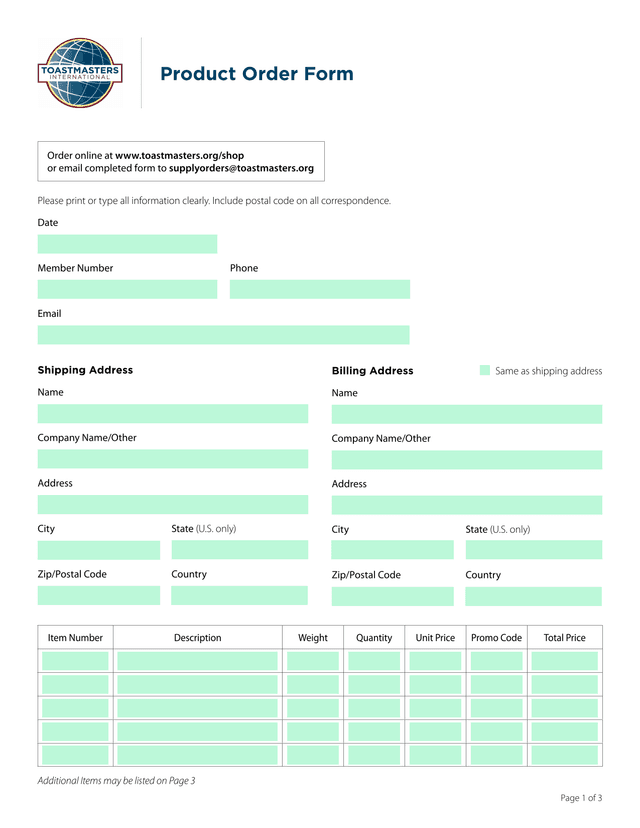 Product Order Form screenshot