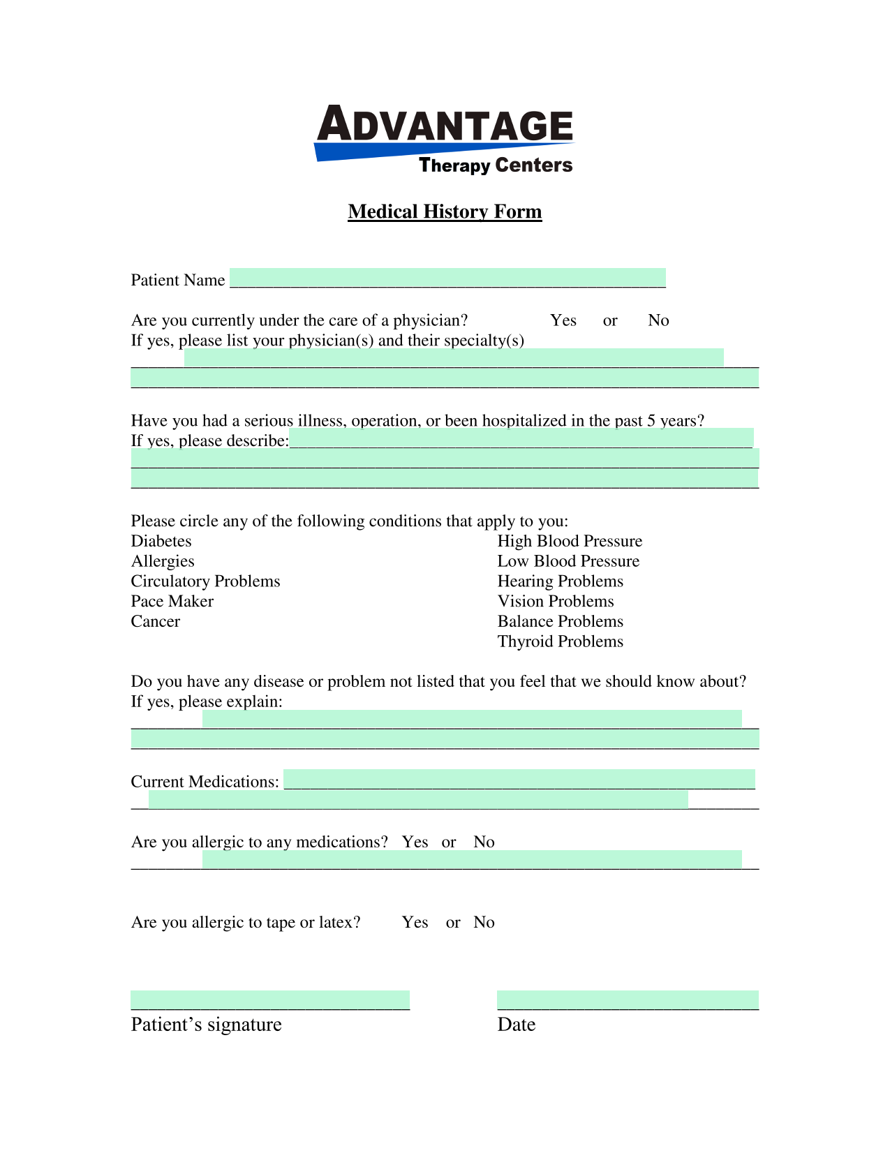 Medical History Form screenshot