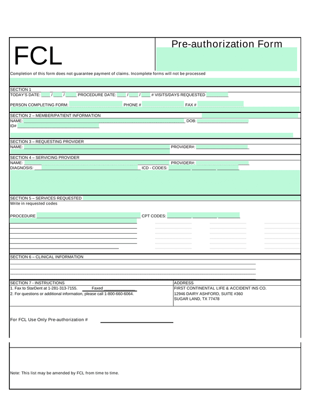 FCL Pre Authorization Form screenshot