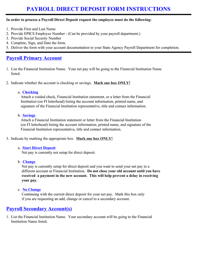 Payroll Direct Deposit Form screenshot