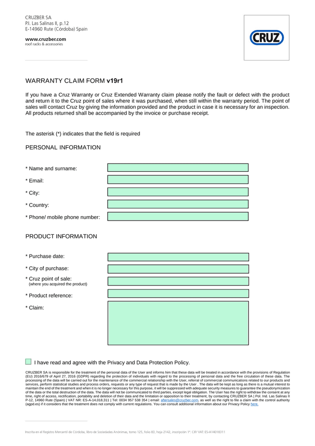 WARRANTY CLAIM FORM V19r1 screenshot