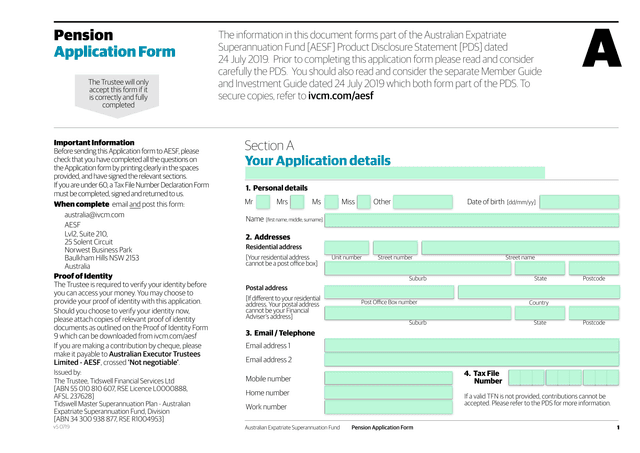 Australian Expatriate Superannuation Fund Pension Application Form screenshot