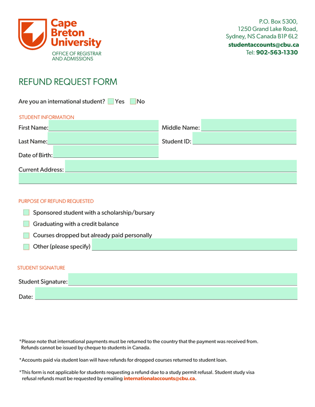 Refund Request Form screenshot