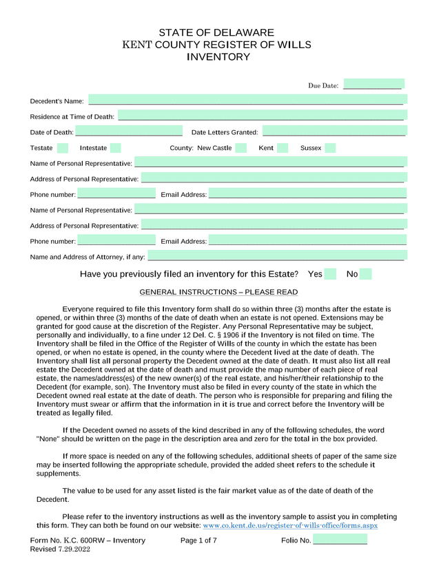 STATE OF DELAWARE KENT COUNTY REGISTER OF WILLS INVENTORY screenshot