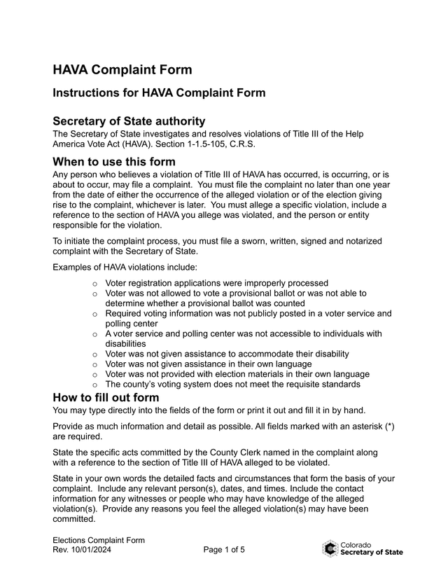 Elections Complaint Form screenshot
