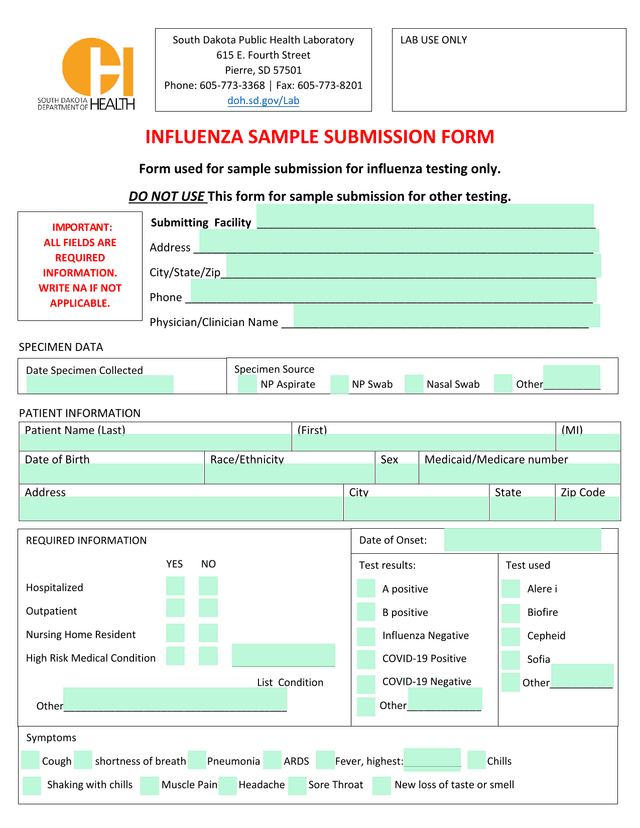 Influenza Sample Submission Form screenshot