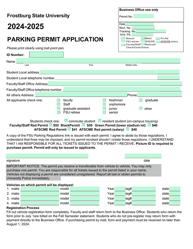 Frostburg State University 2024 2025 Parking Permit Application screenshot