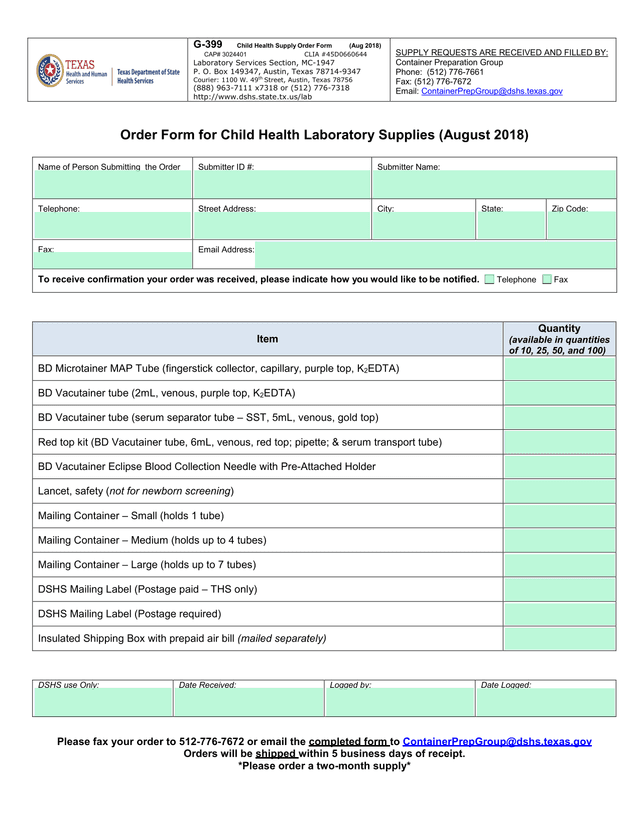 Child Health Supply Order Form screenshot