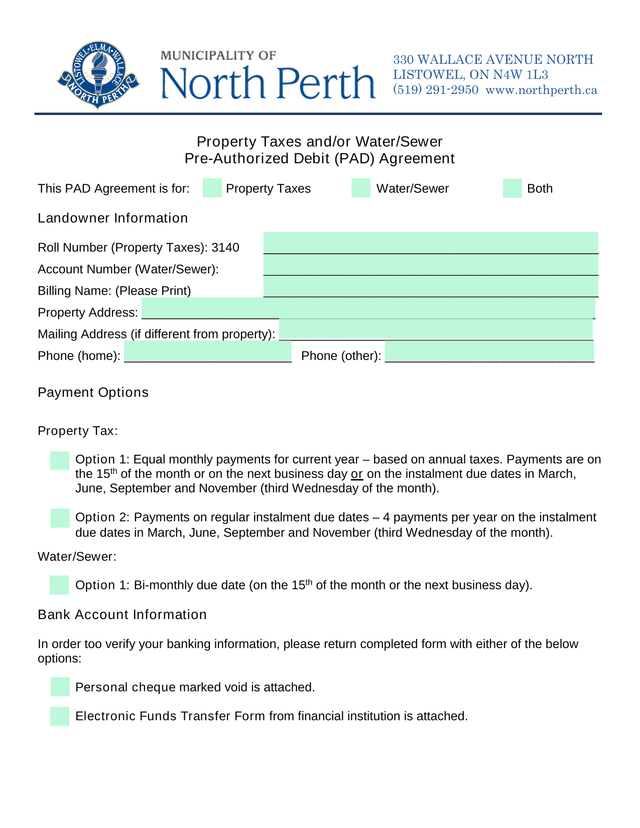 Property Taxes AndOr WaterSewer Pre Authorized Debit (PAD) Agreement screenshot
