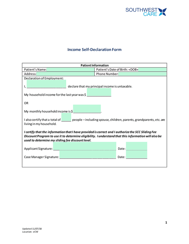 Income Self Declaration Form screenshot