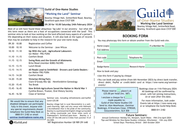 Guild Of One Name Studies Working The Land Seminar Registration Form screenshot