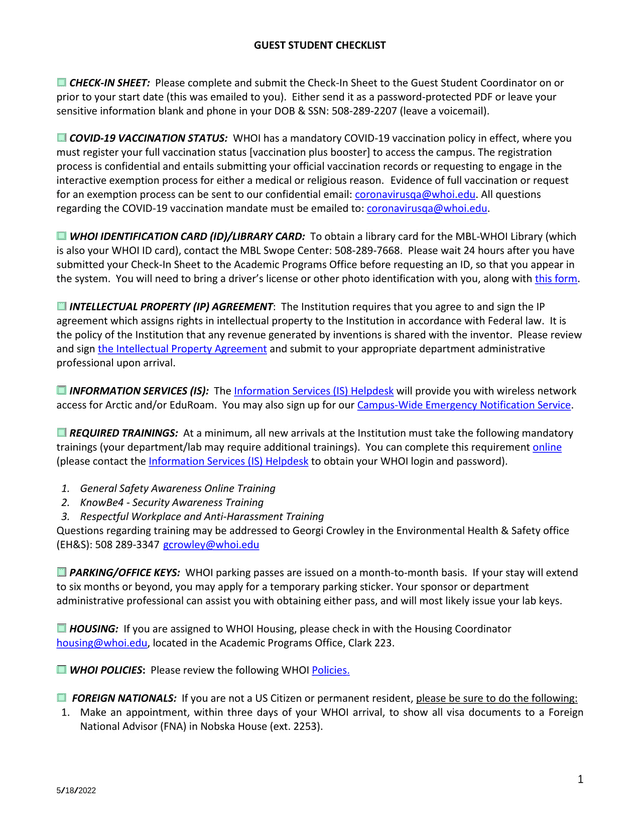 Guest Student Checklist screenshot