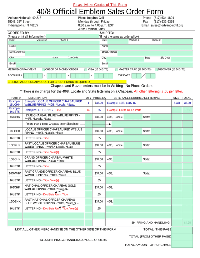 408 Official Emblem Sales Order Form screenshot