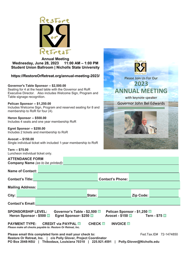 Restore Or Retreat Annual Meeting Attendance Form screenshot