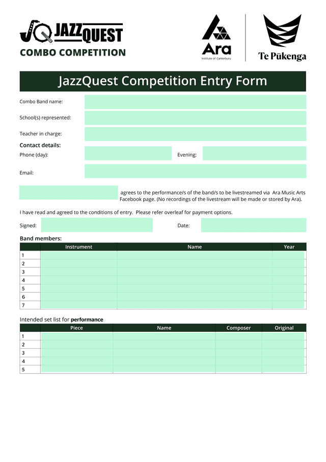JazzQuest Combo Competition Entry Form screenshot