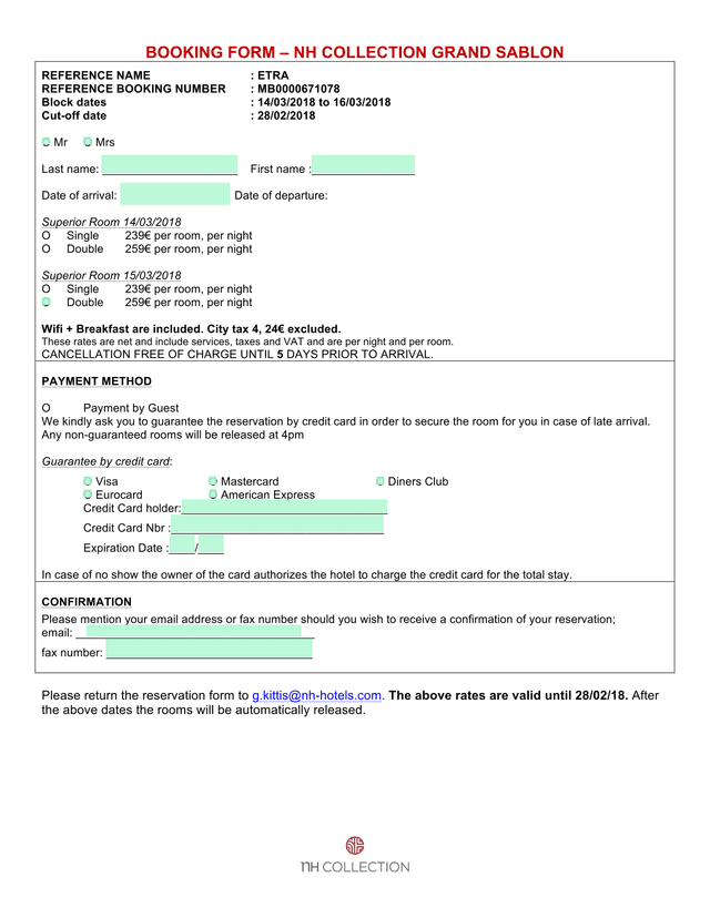 BOOKING FORM  NH COLLECTION GRAND SABLON screenshot