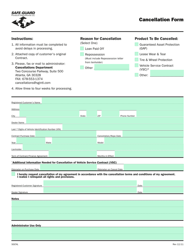 Cancellation Form screenshot