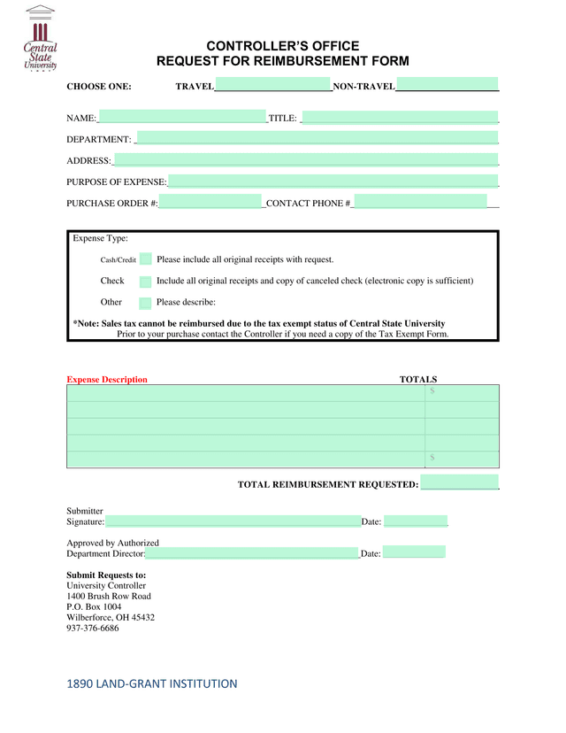 REQUEST FOR REIMBURSEMENT FORM screenshot