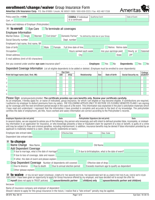 Eye Care Insurance Enrollment Form screenshot