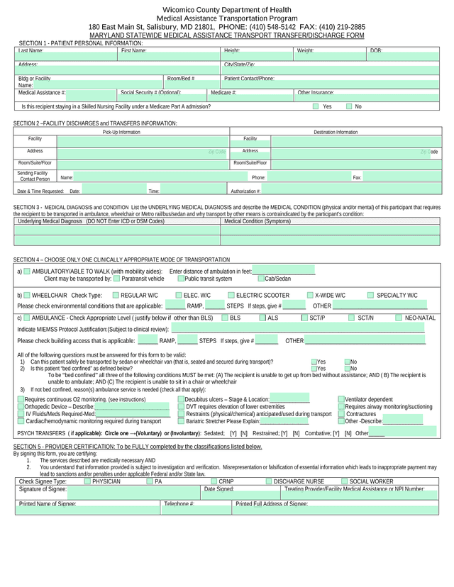 Maryland Statewide Medical Assistance Transport TransferDischarge Form screenshot