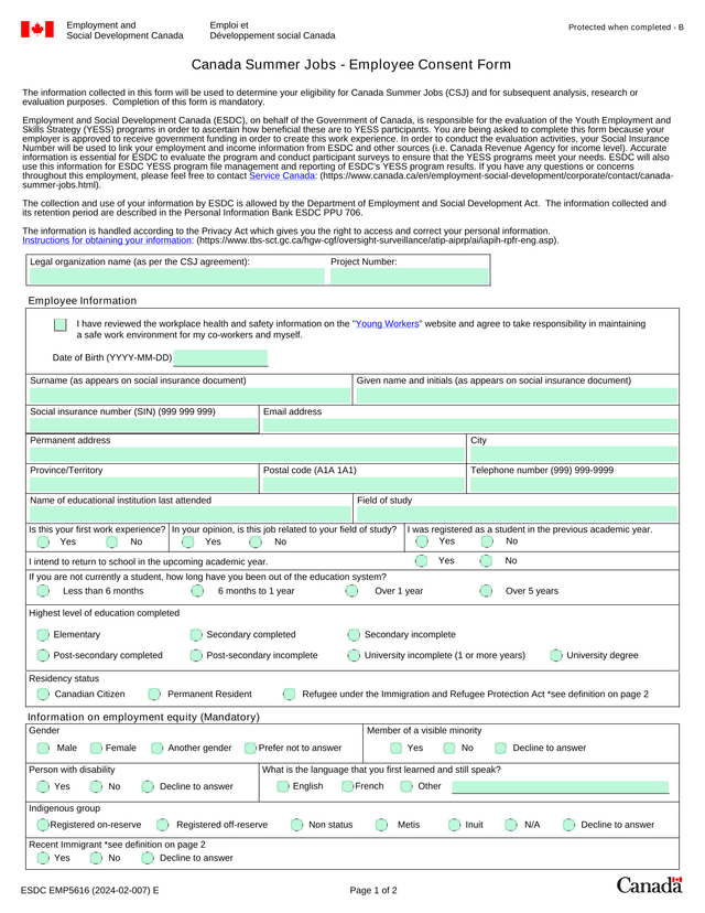 Canada Summer Jobs   Employee Consent Form screenshot