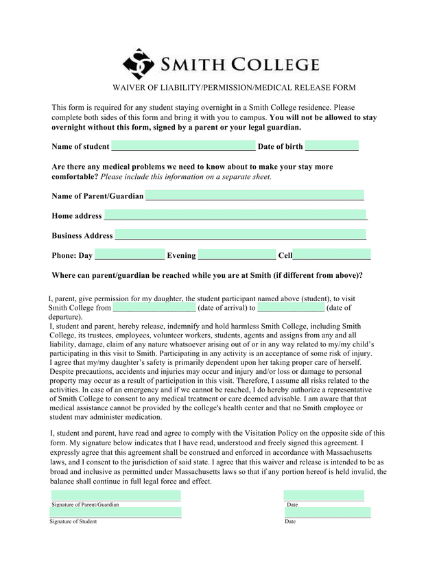 WAIVER OF LIABILITYPERMISSIONMEDICAL RELEASE FORM screenshot