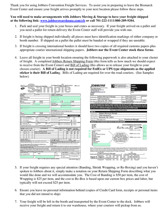 Jobbers Convention Freight Services Shipping Instructions screenshot