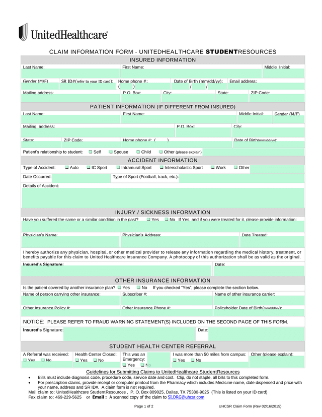 Claim Information Form   UnitedHealthcare StudentResources screenshot