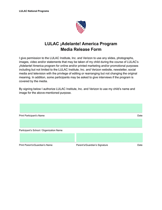 LULAC Adelante America Program Media Release Form screenshot