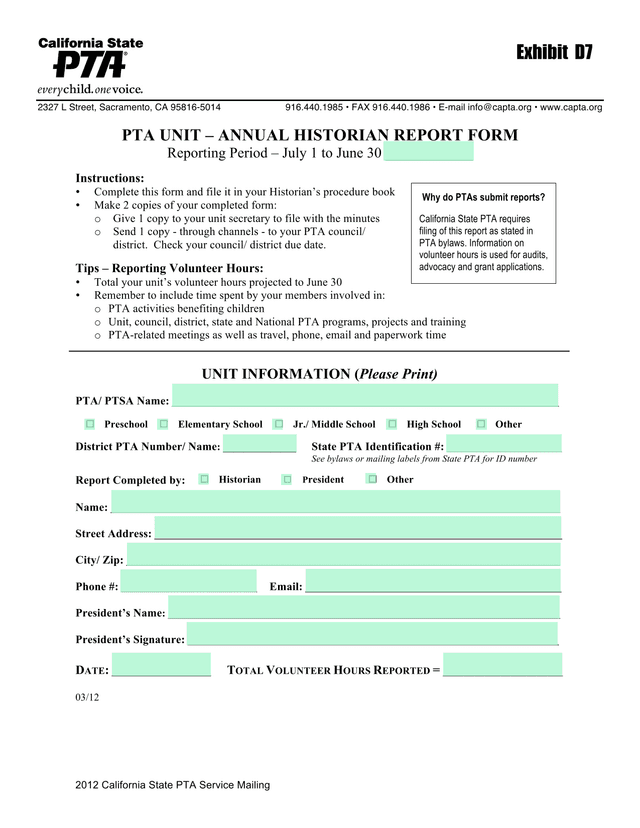 PTA Unit  Annual Historian Report Form screenshot