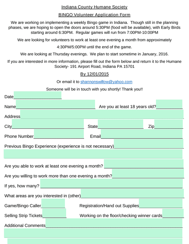 Indiana County Humane Society BINGO Volunteer Application Form screenshot