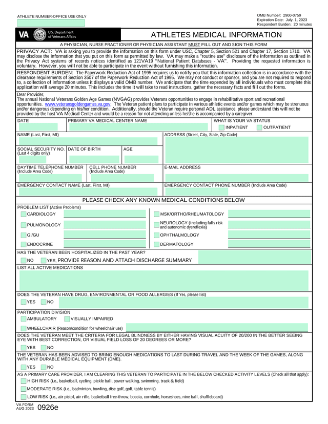 Athletes Medical Information Form screenshot