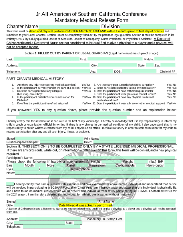 Jr All American Of Southern California Conference Mandatory Medical Release Form screenshot