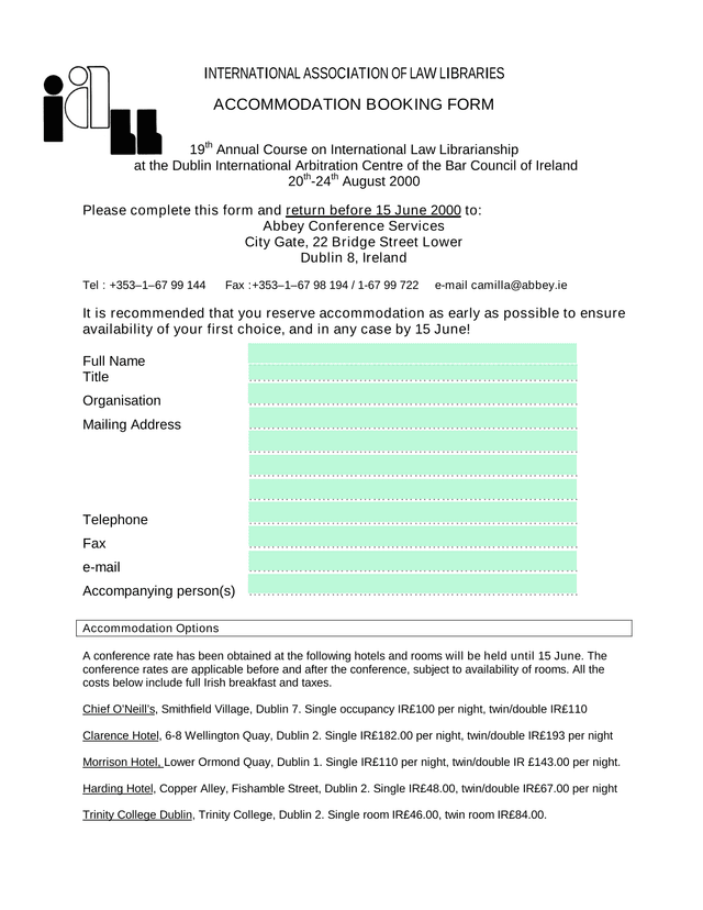 International Association Of Law Libraries Accommodation Booking Form screenshot