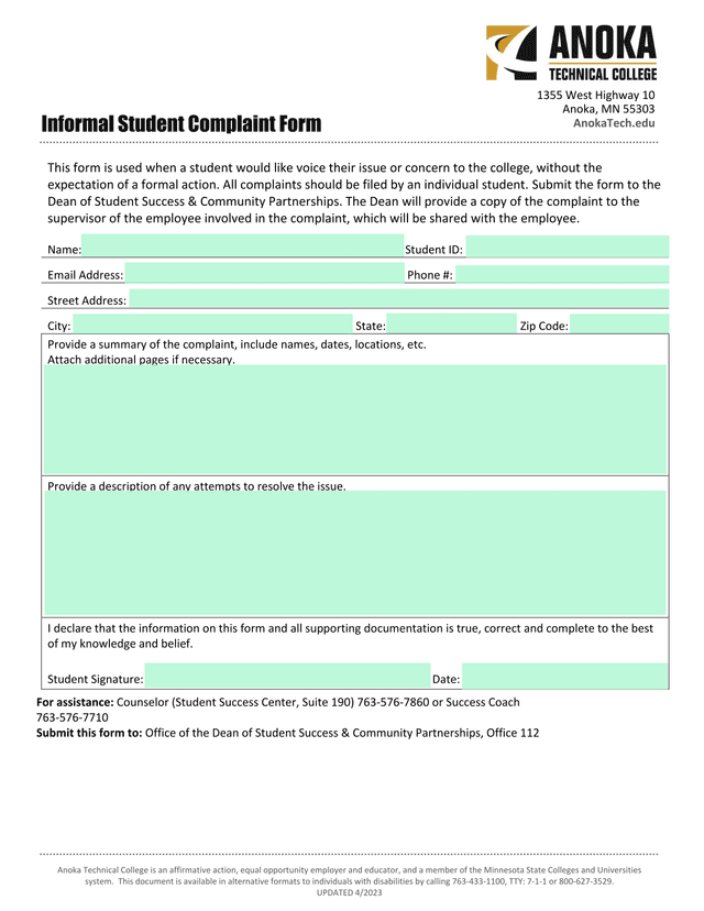 Informal Student Complaint Form screenshot
