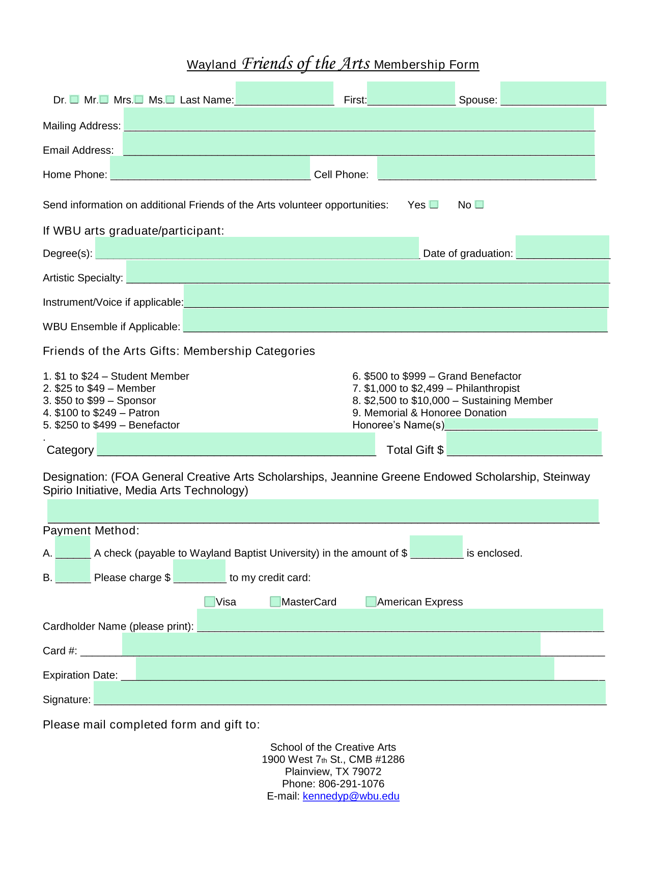 Wayland Friends Of The Arts Membership Form screenshot
