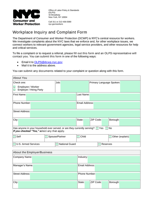 Workplace Inquiry And Complaint Form screenshot